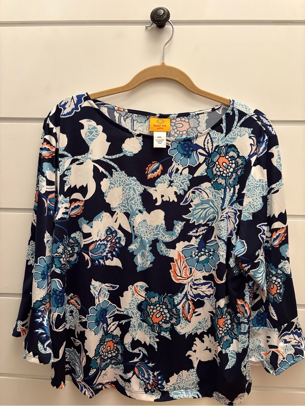 Ruby Rd. Navy Floral Boatneck Blouse with Teal & Coral Accents